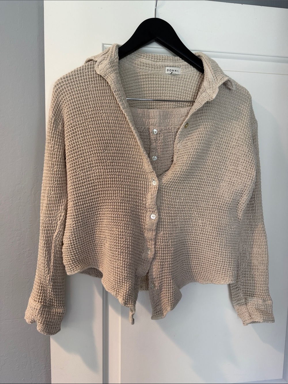 DONNI. Beige Waffle Knit Button-Front Shirt and shorts set